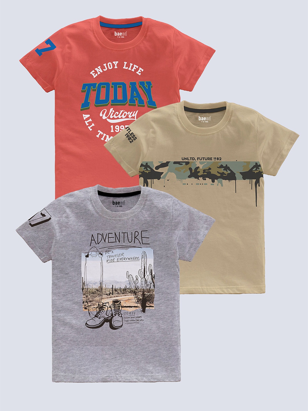 

BAESD Boys Pack Of 3 Typography Printed Pure Cotton T-shirt, Beige