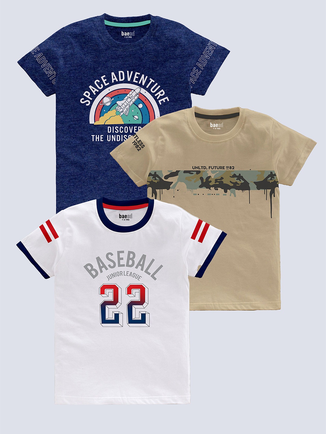 BAESD Boys Pack Of 3 Typography Printed Pure Cotton T-shirt, Navy blue