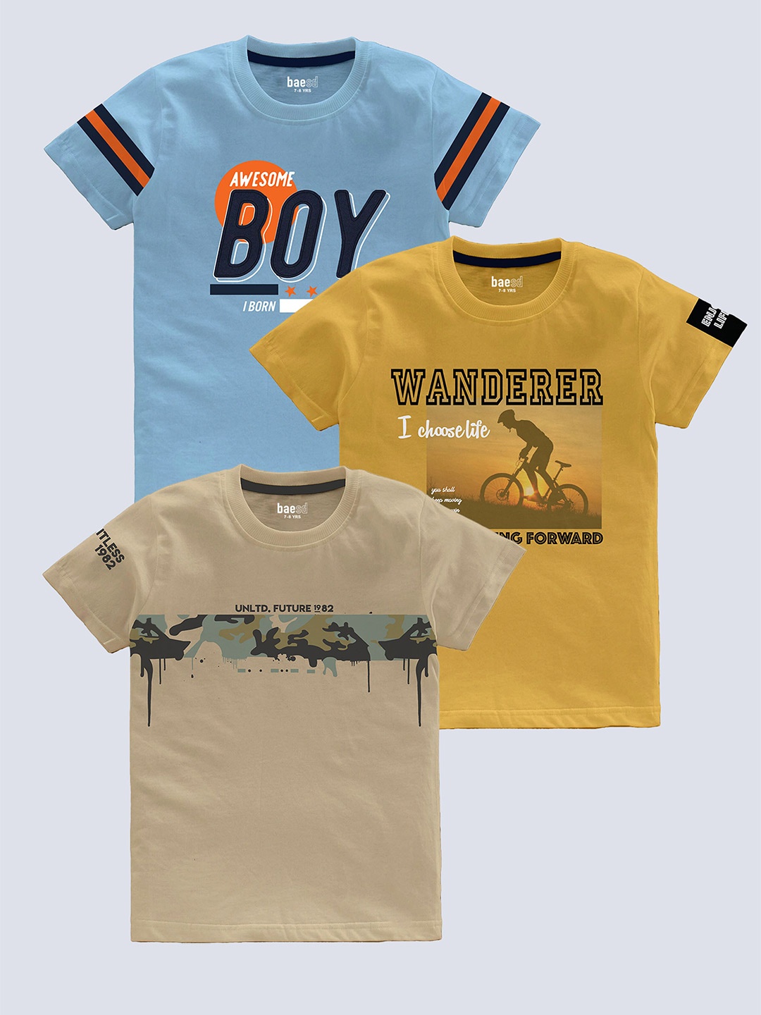 BAESD Boys Pack Of 3 Typography Printed Pure Cotton T-shirt, Blue
