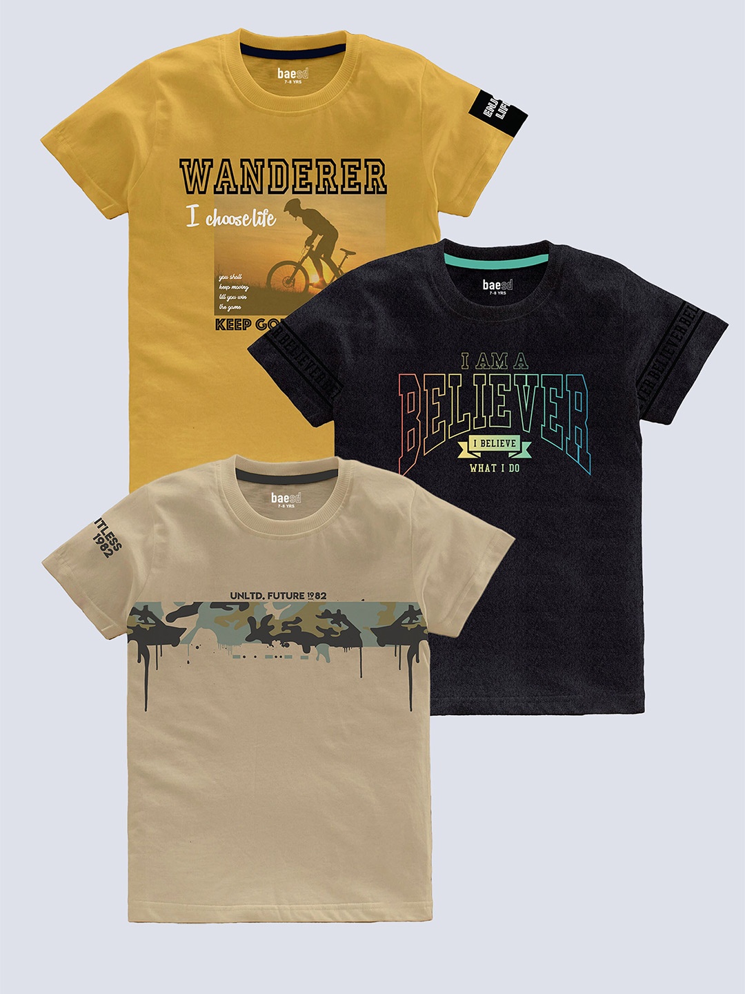 

BAESD Kids Pack Of 3 Typography Printed Cotton T-shirt, Yellow