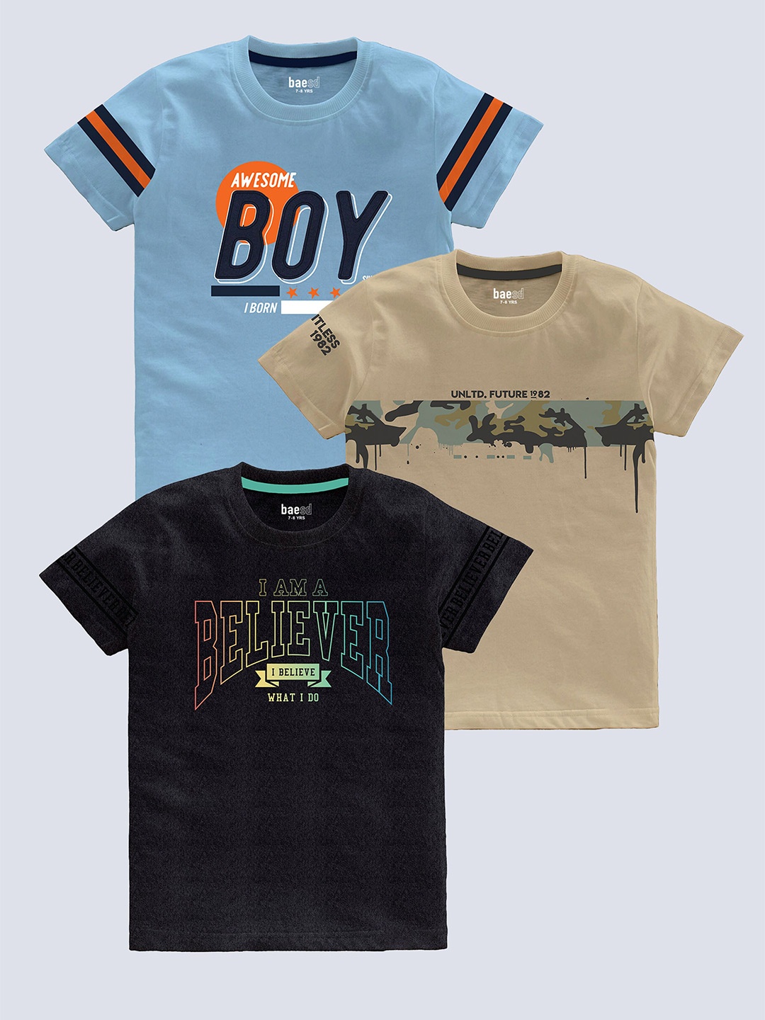 

BAESD Boys Pack Of 3 Typography Printed Pure Cotton T-shirt, Beige