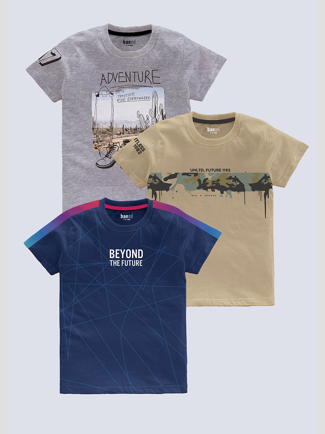 

BAESD Boys Pack Of 3 Typography Printed Pure Cotton T-shirt, Grey