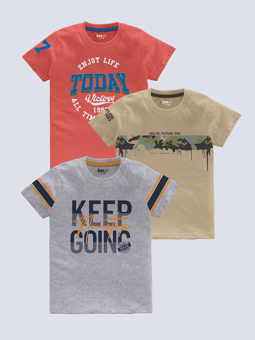 

BAESD Boys Pack Of 3 Typography Printed Pure Cotton T-shirt, Grey