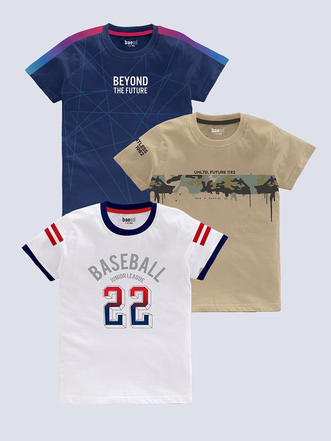BAESD Boys Pack Of 3 Graphic Printed Pure Cotton T-Shirt, Blue