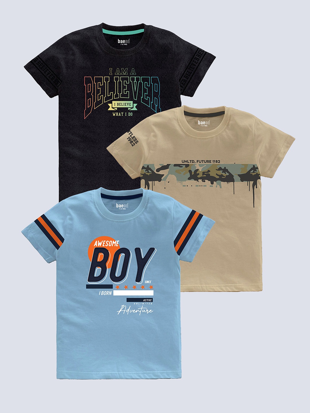

BAESD Boys Pack Of 3 Typography Printed Pure Cotton T-shirt, Blue