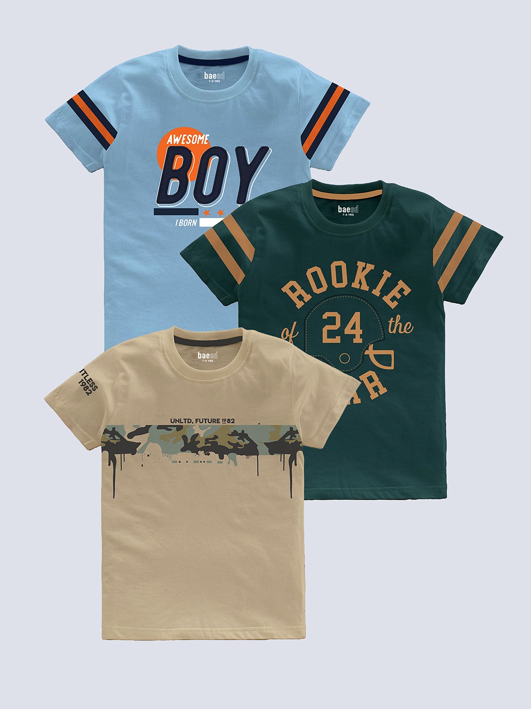 

BAESD Boys Pack Of 3 Typography Printed Pure Cotton T-shirt, Green