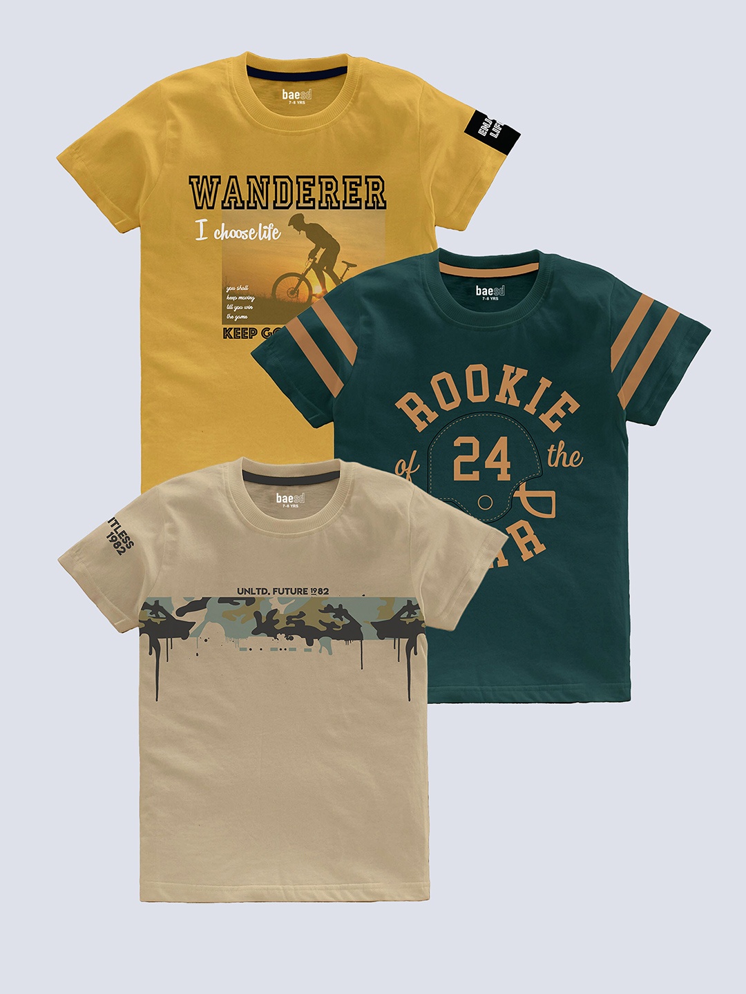 

BAESD Boys Pack Of 3 Printed Pure Cotton T-shirt, Mustard