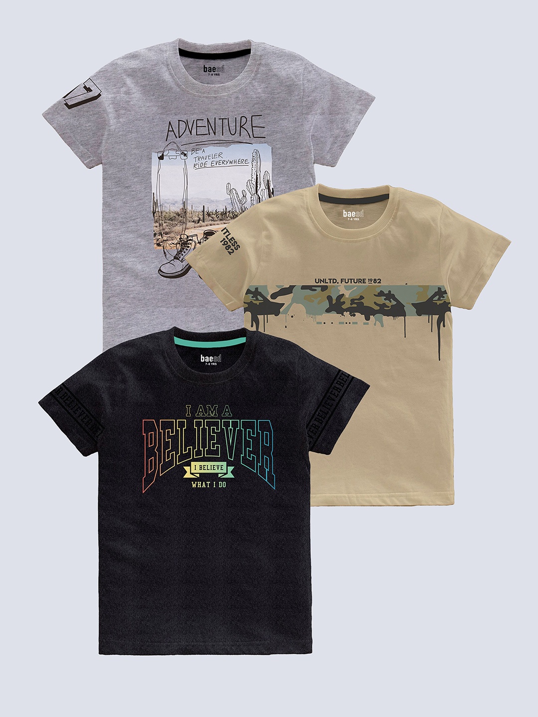 BAESD Boys Pack of 3 Graphic Printed Cotton T-shirt, Grey