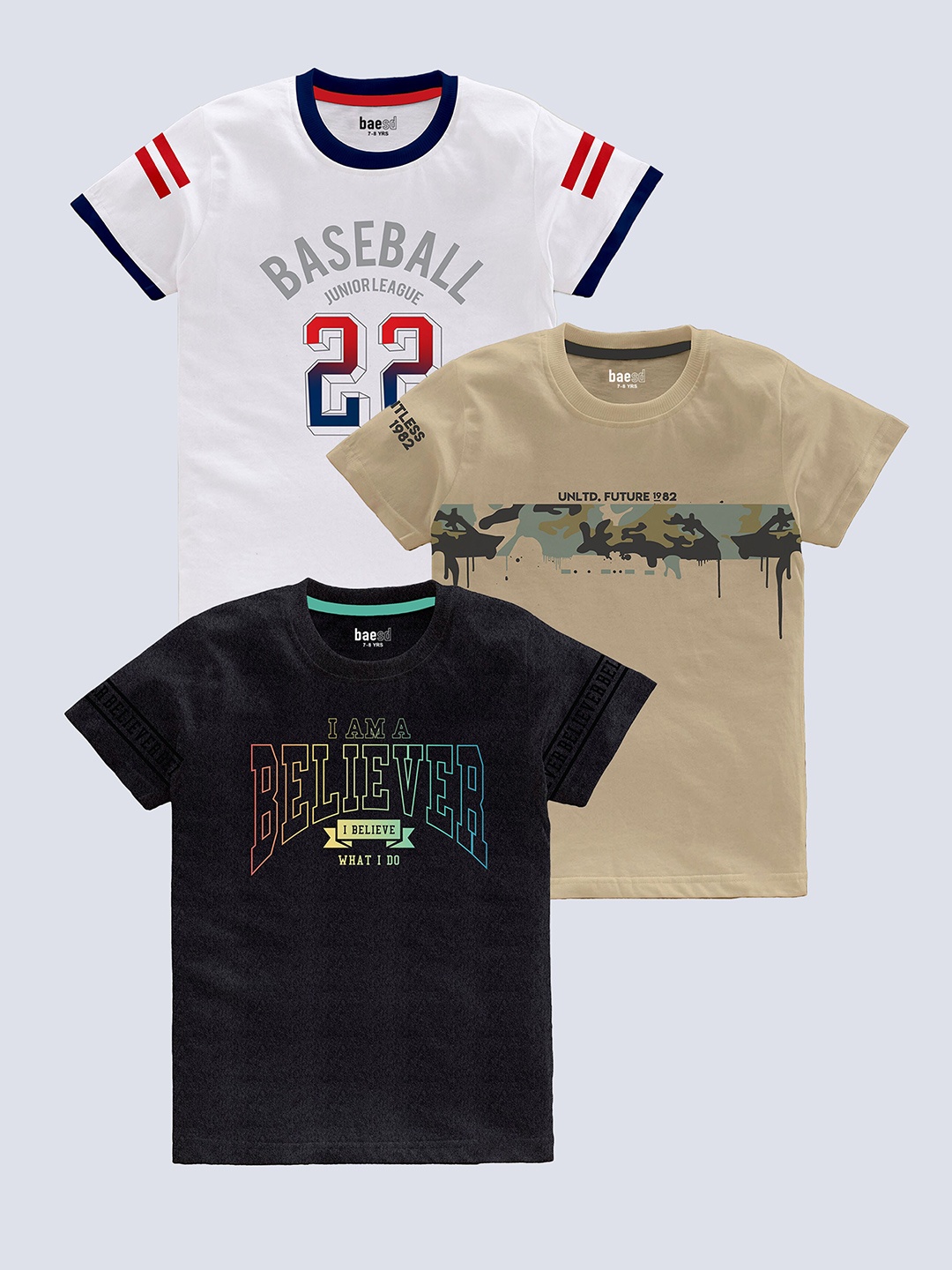 

BAESD Boys Pack Of 3 Typography Printed Pure Cotton Casual T-shirt, Beige