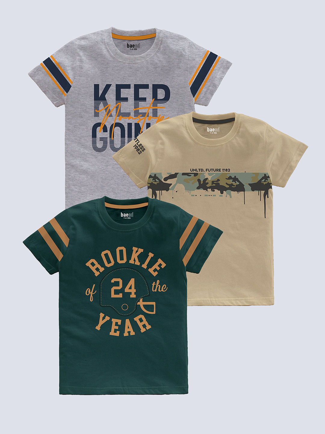 

BAESD Boys Pack Of 3 Printed Pure Cotton T-shirt, Grey