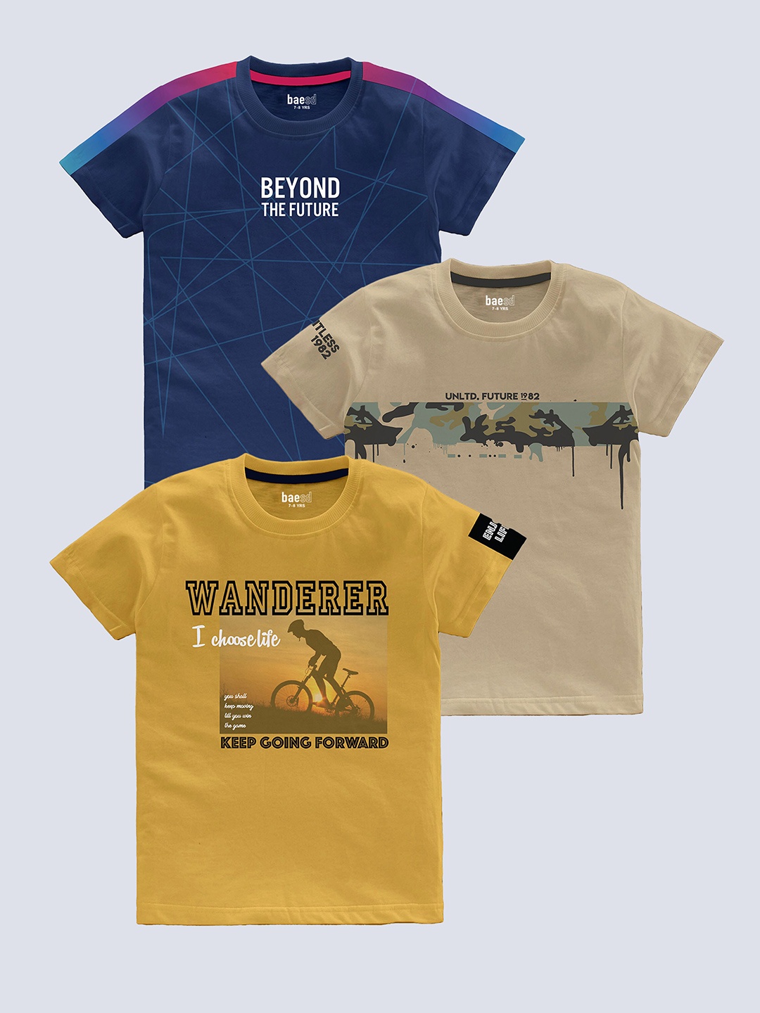 BAESD Boys Pack Of 3 Typography Printed Pure Cotton T-shirt, Blue