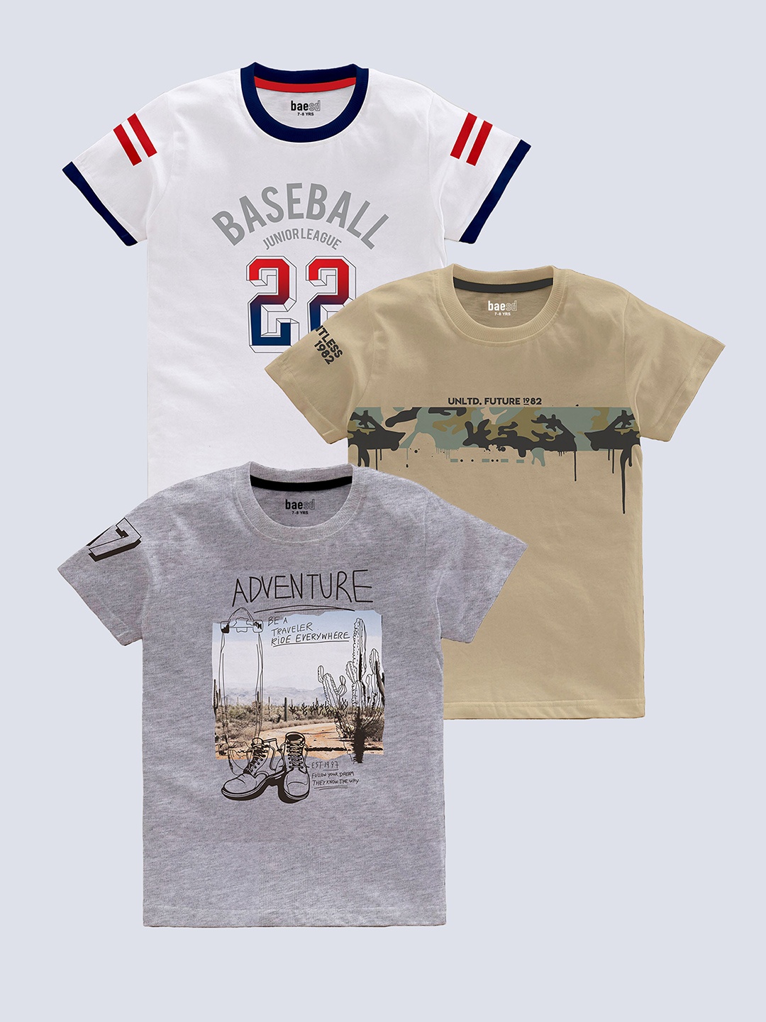 

BAESD Boys Pack of 3 Typography Printed Pure Cotton T-shirts, Brown