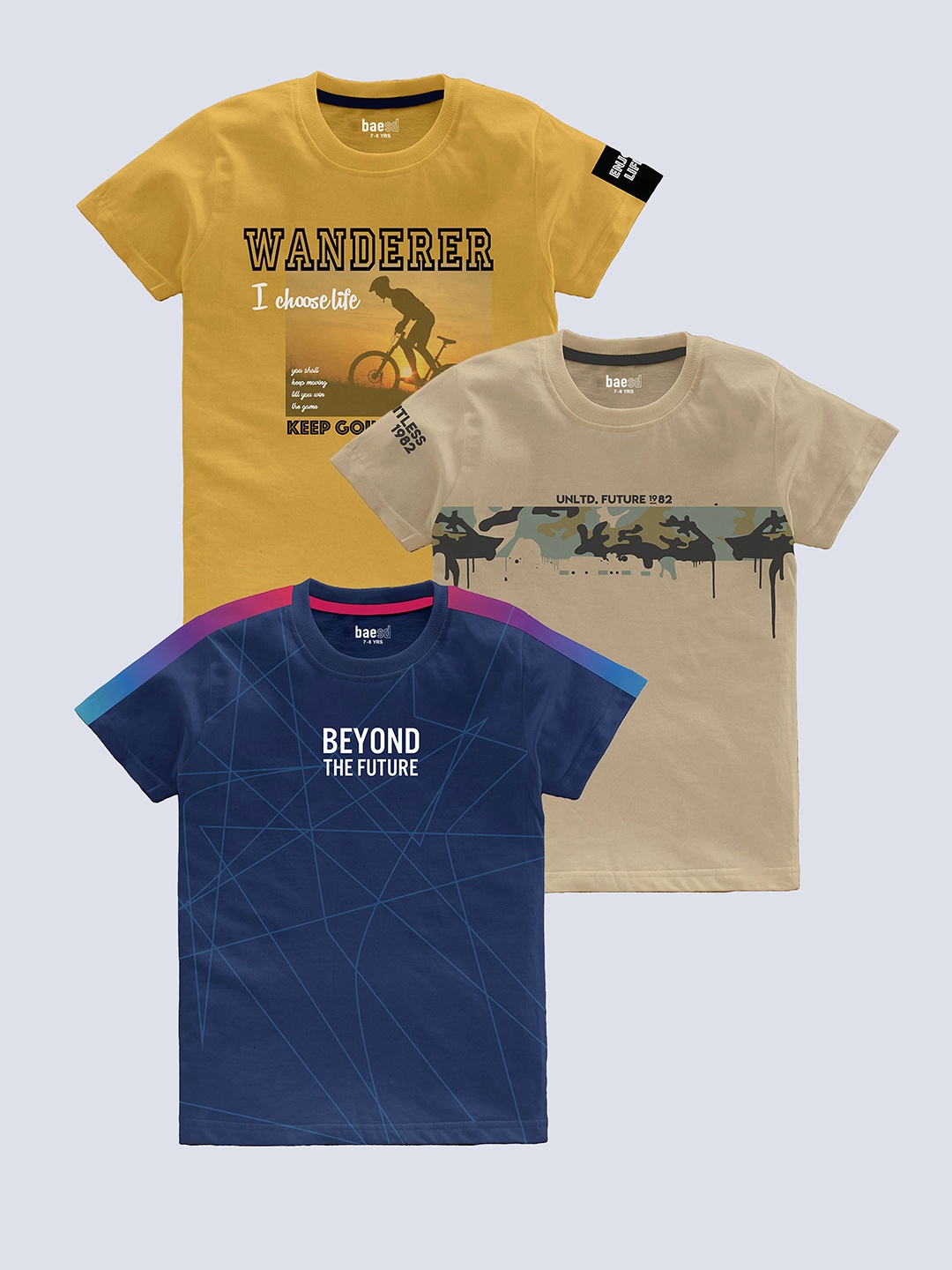 

BAESD Boys Pack Of 3 Typography Printed Pure Cotton T-shirt, Yellow