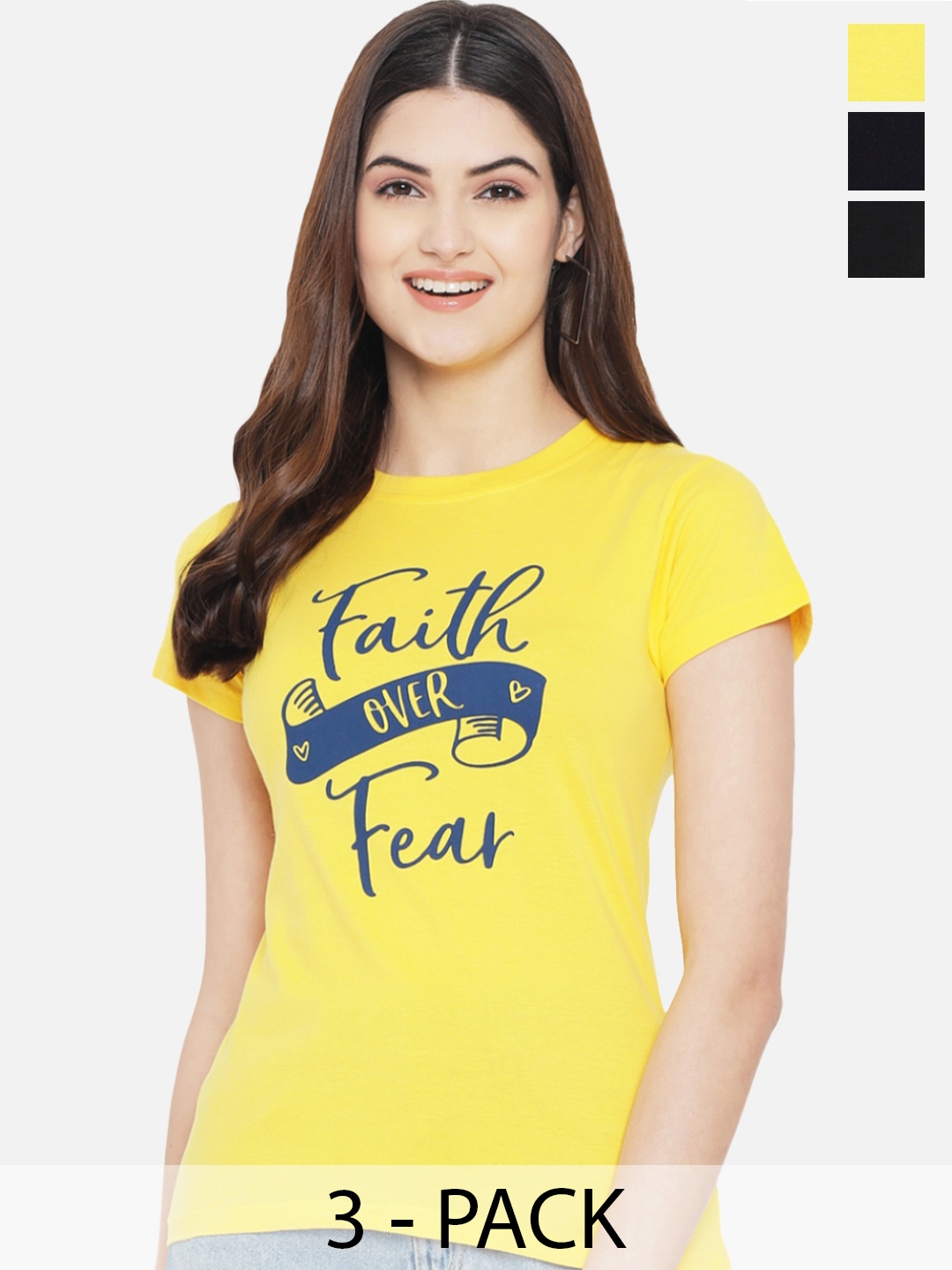 Fabflee Pack Of 3 Typography Printed Cotton T-shirt, Yellow