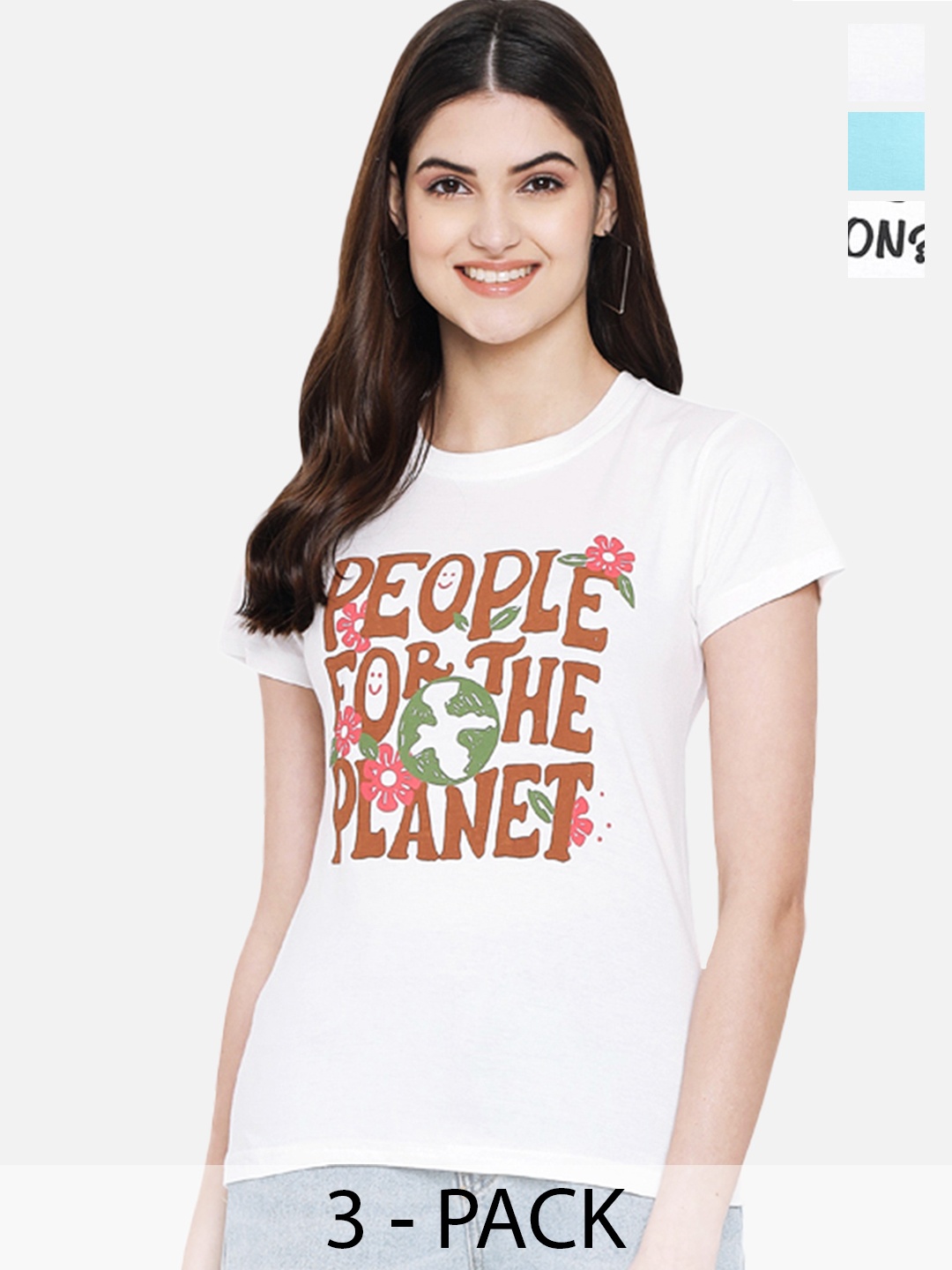 

Fabflee Pack Of 3 Typography Printed Cotton T-shirt, White