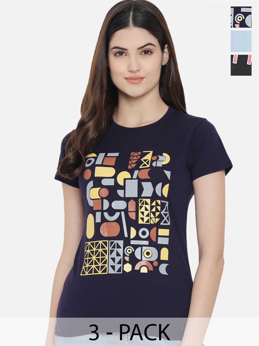 

Fabflee Pack Of 3 Typography Printed Cotton T-shirt, Navy blue