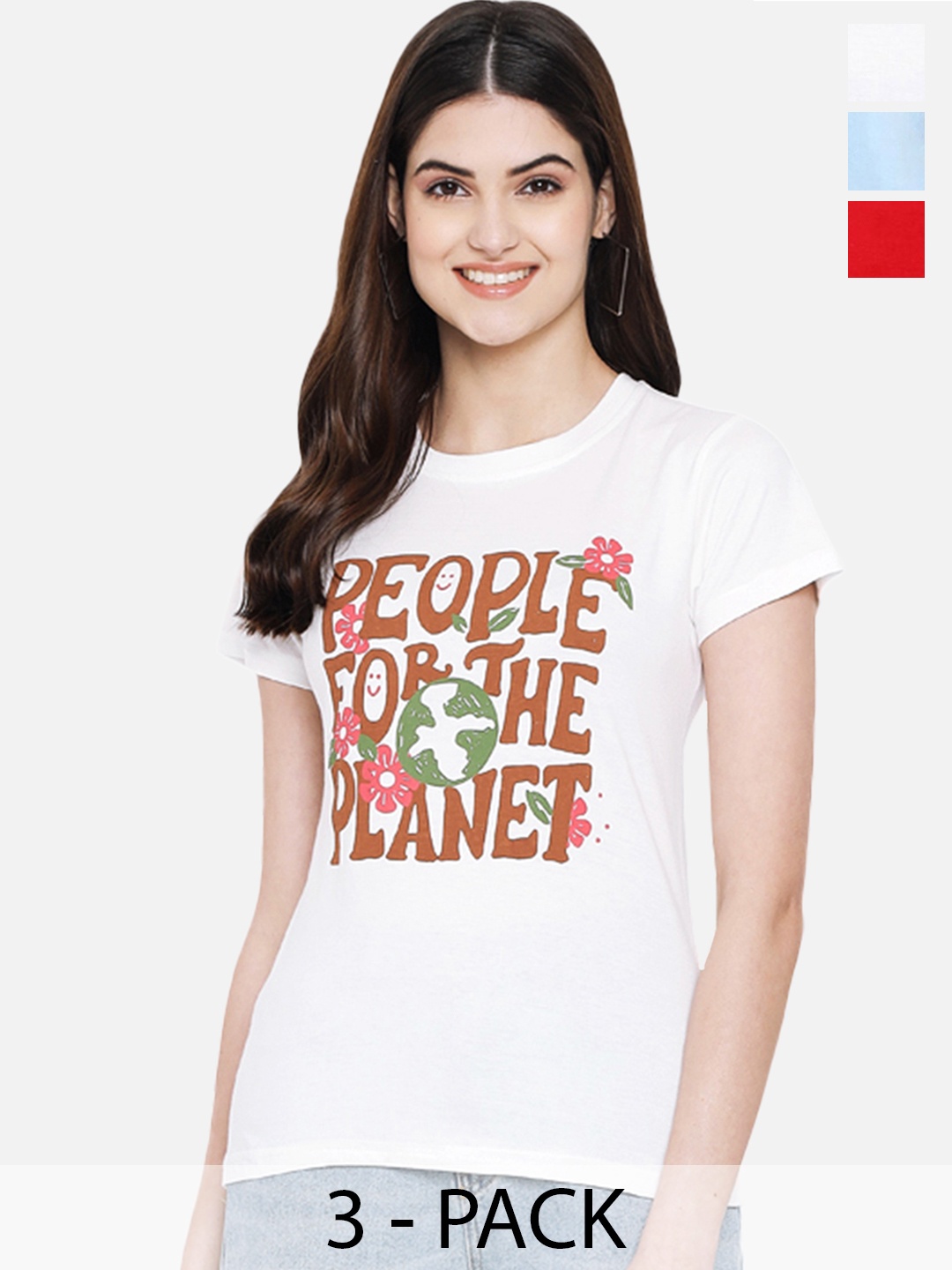 

Fabflee Pack Of 3 Printed Cotton T-shirt, White
