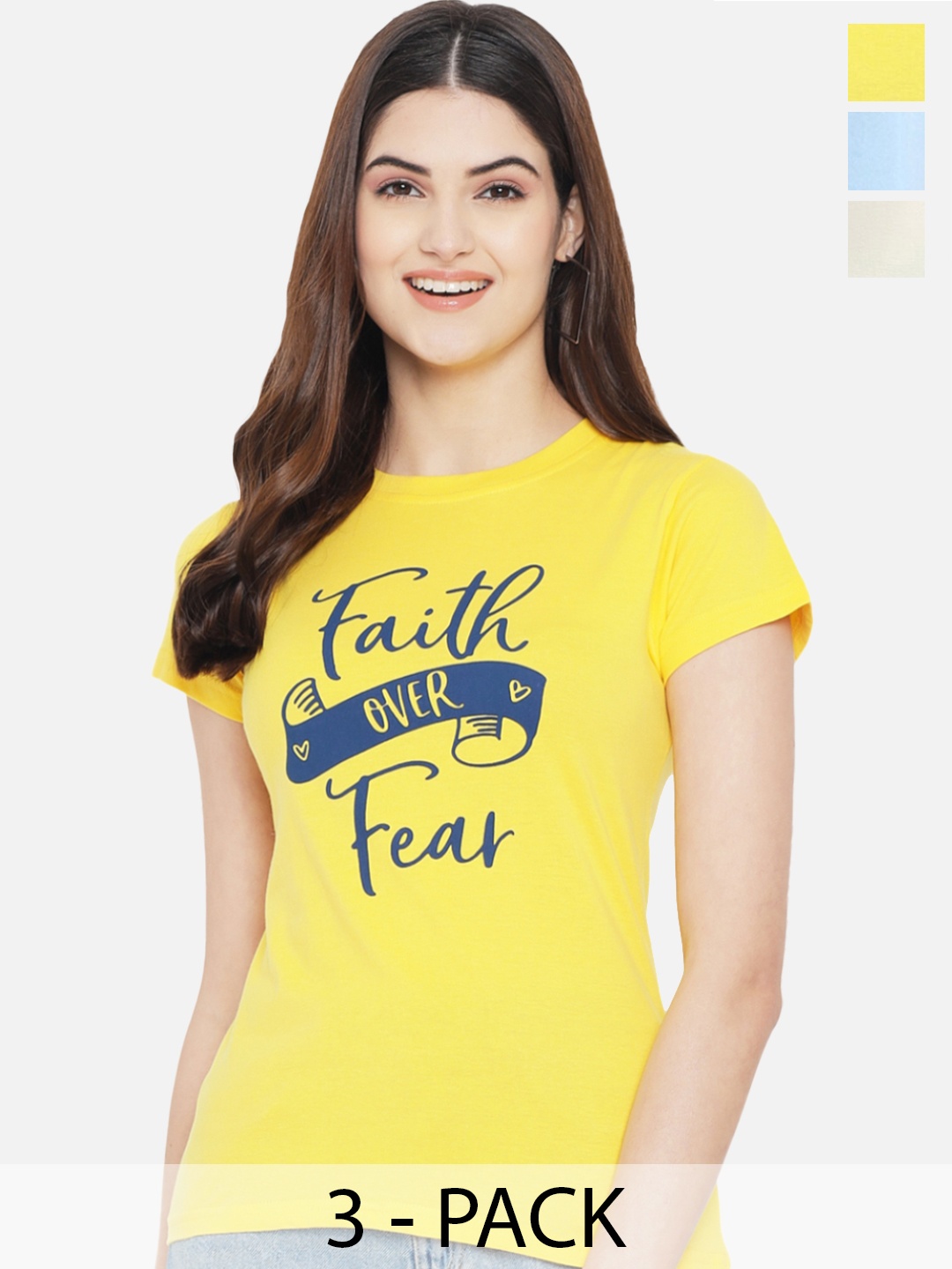 

Fabflee Pack Of 3 Typography Printed Casual Knitted Cotton T-shirts, Yellow