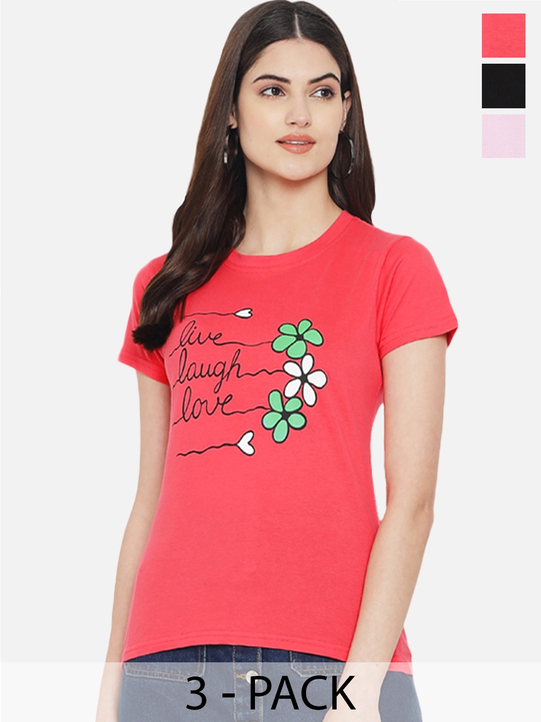 

Fabflee Pack Of 3 Typography Printed Cotton T-shirt, Coral