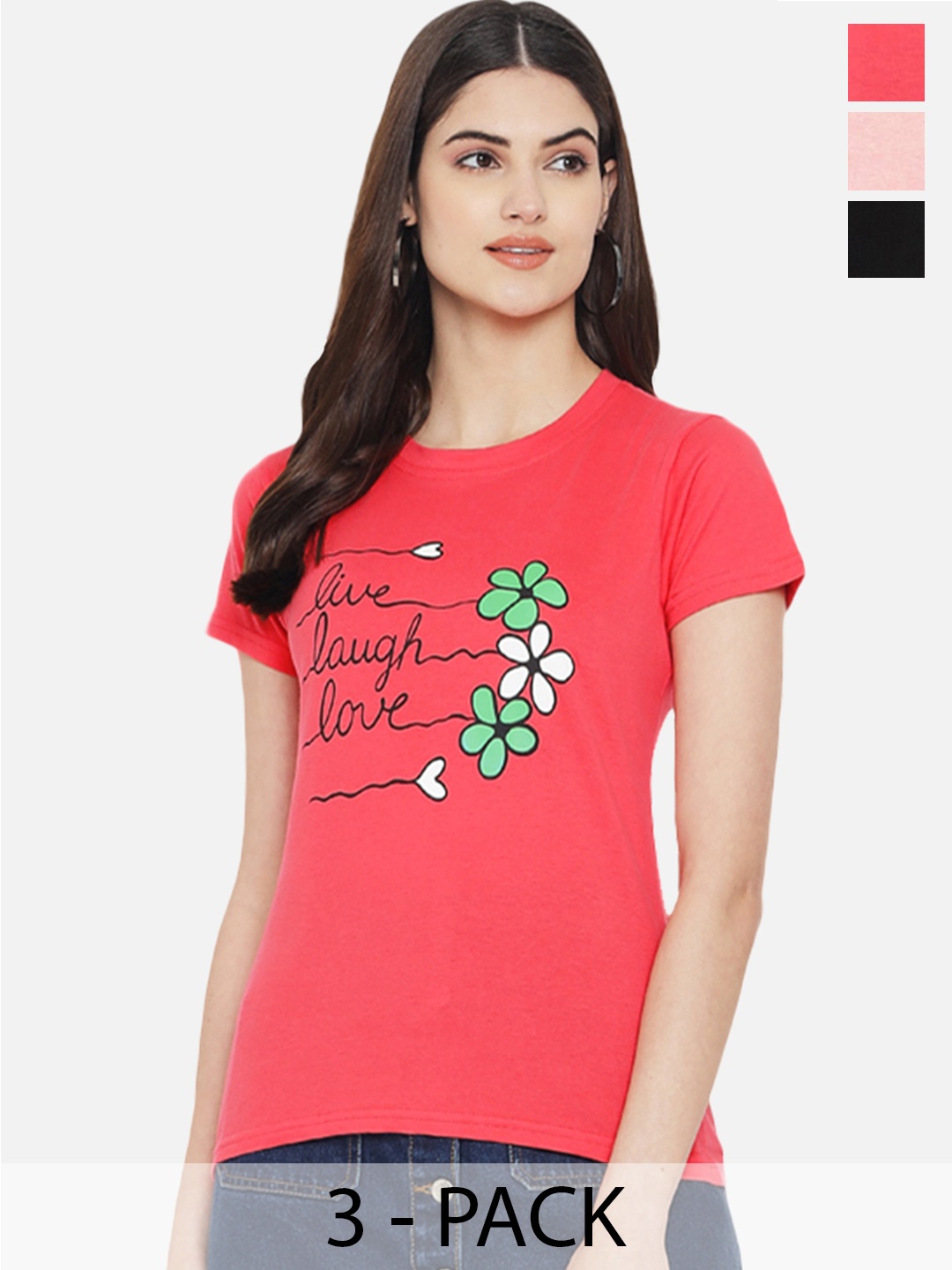 

Fabflee Pack Of 3 Typography Printed Cotton T-shirt, Coral