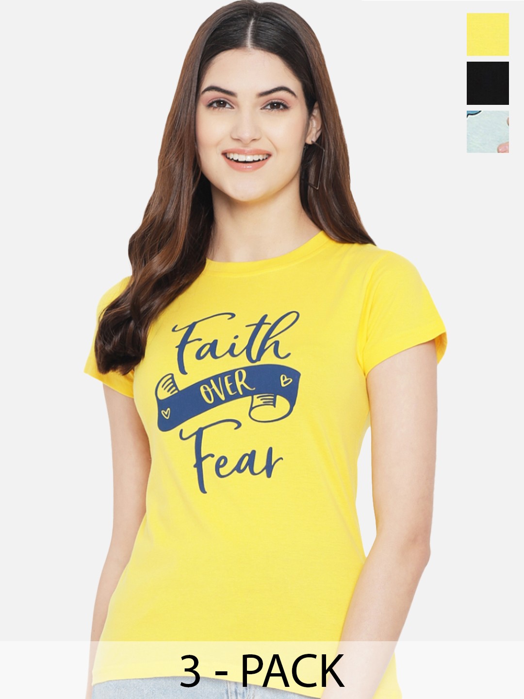 

Fabflee Pack Of 3 Typography Printed Cotton T-shirt, Yellow