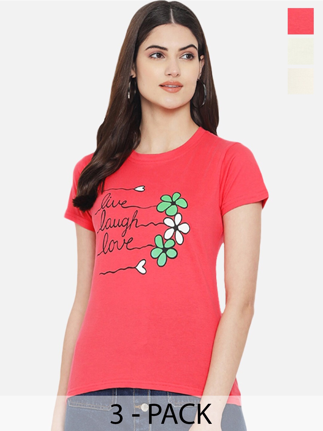 

Fabflee Pack Of 3 Printed Cotton T-shirt, Coral