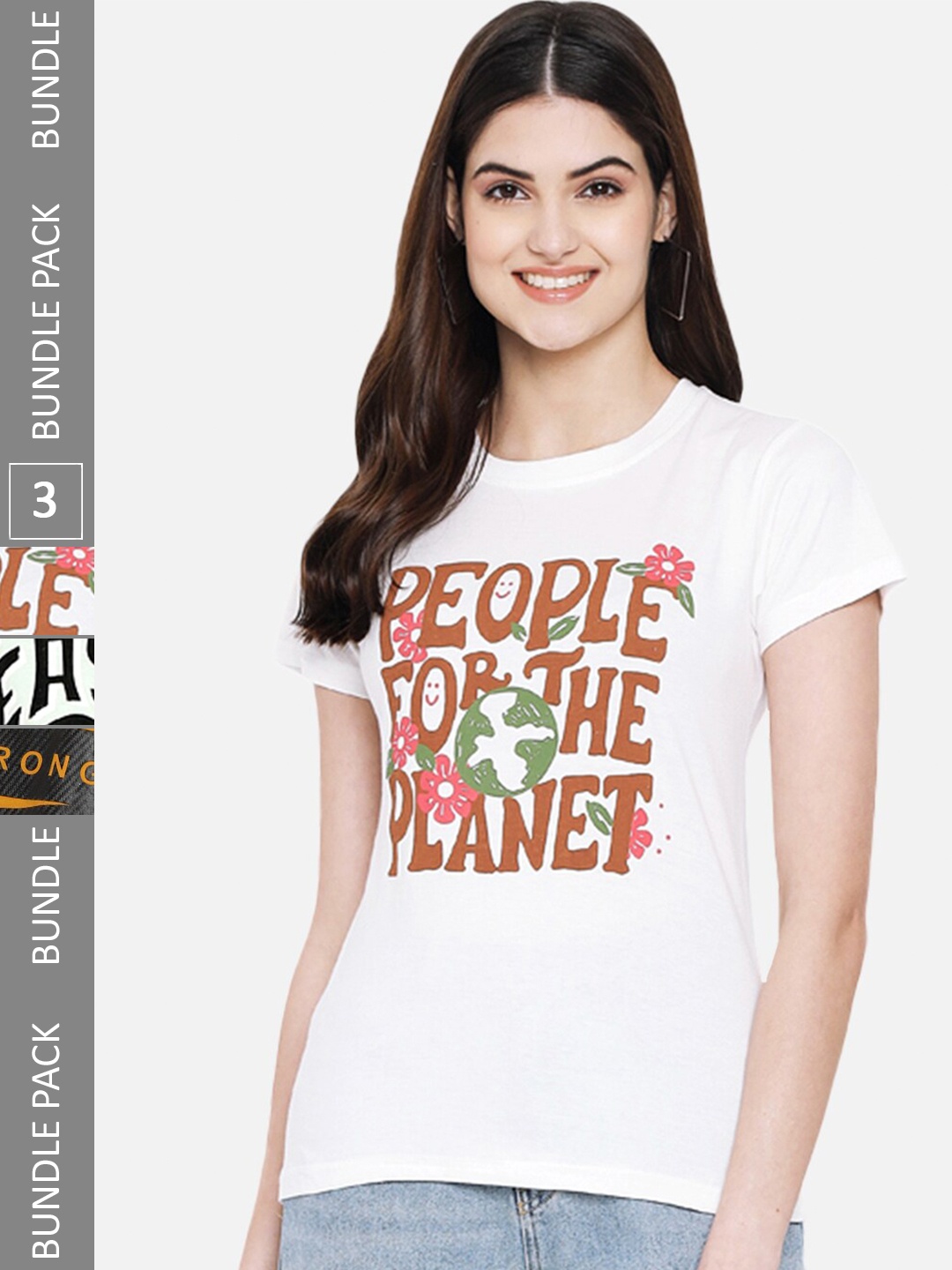 

Fabflee Pack Of 3 Printed Round Neck Cotton T-shirts, White