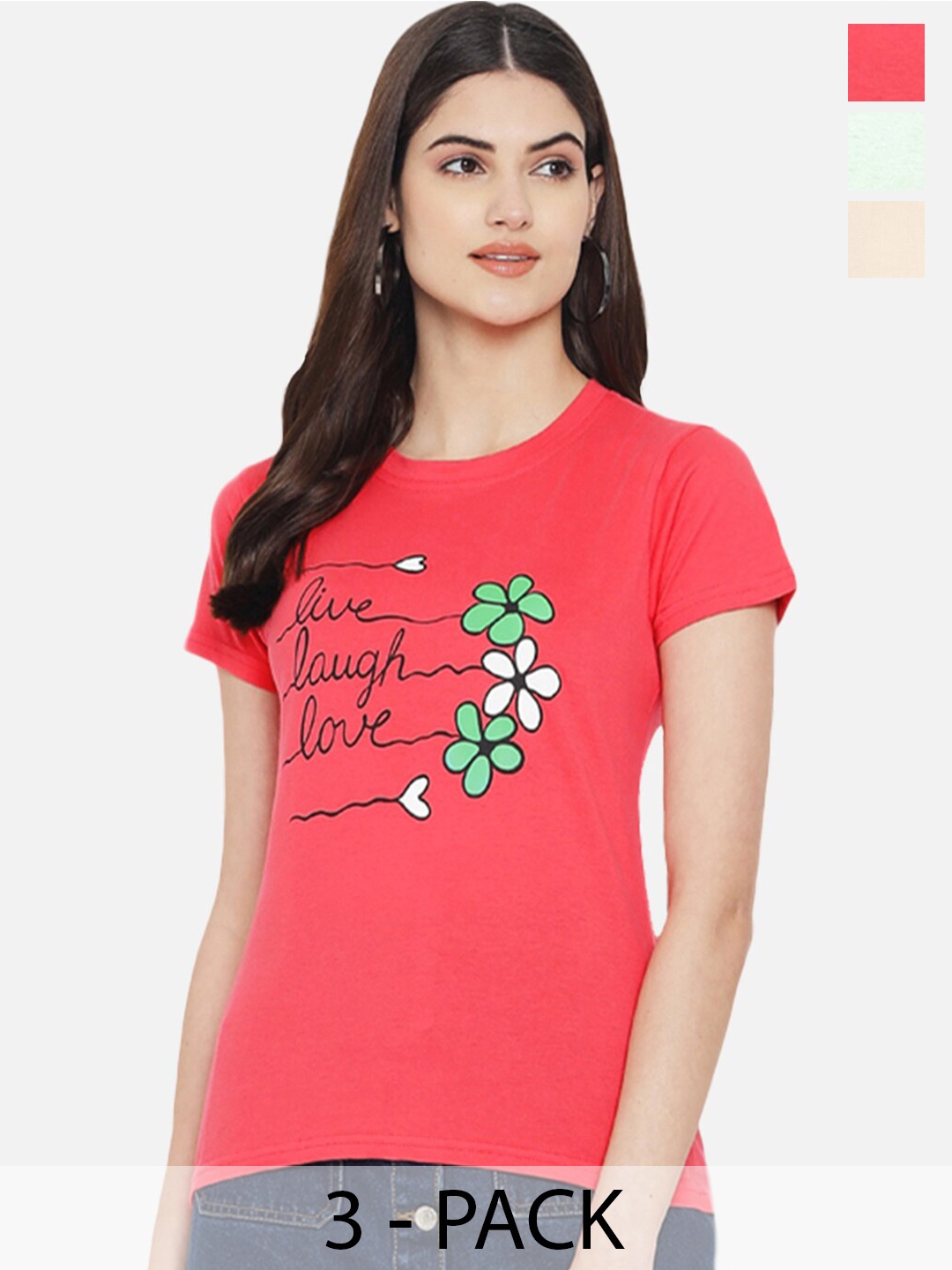 Fabflee Pack of 3 Typography Printed Cotton T-shirt, Pink