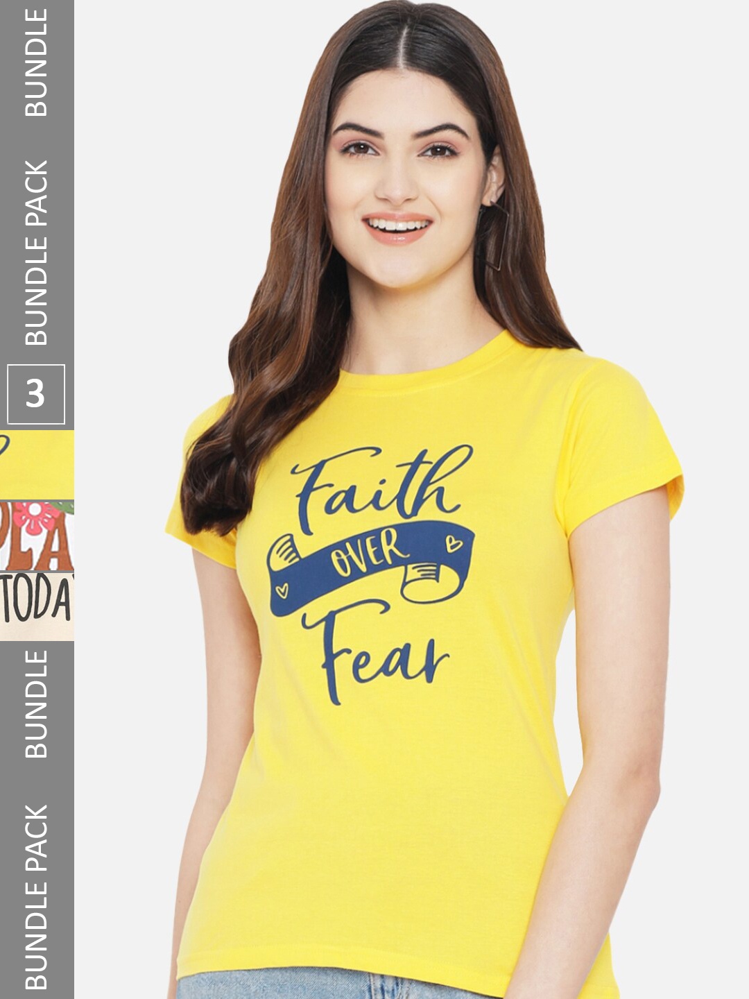 

Fabflee Pack Of 3 Typography Printed Cotton T-shirt, Yellow