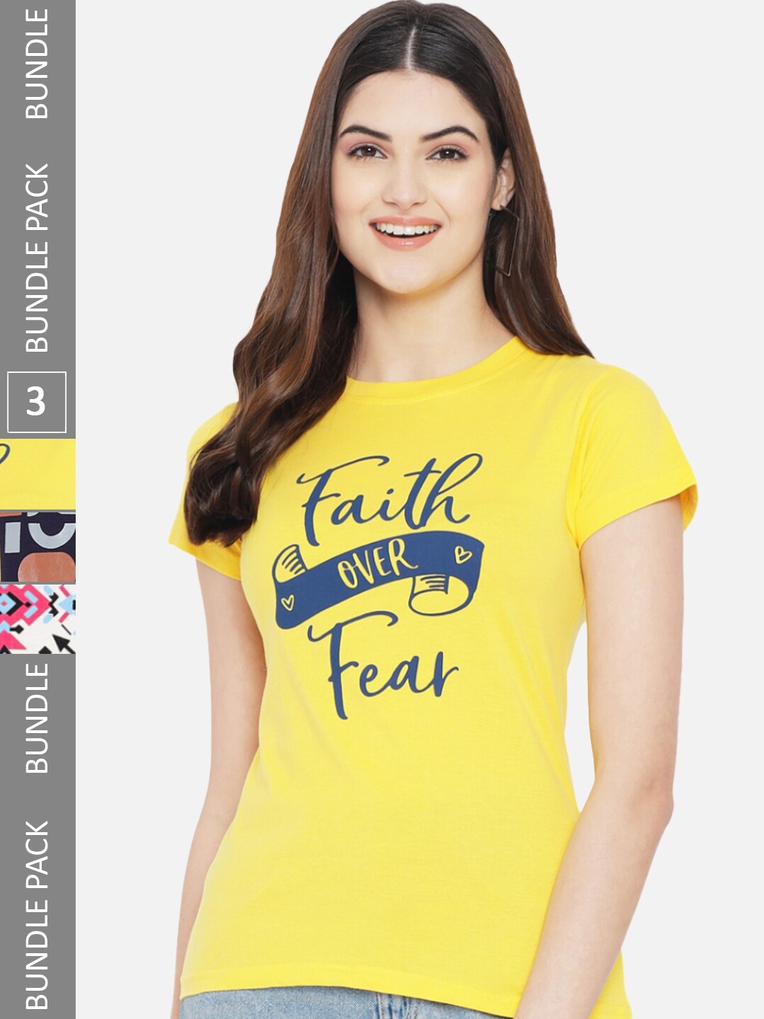Fabflee Pack Of 3 Printed Cotton T-shirts, Yellow