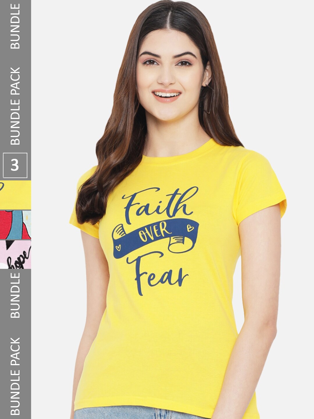 

Fabflee Pack Of 3 Typography Printed Cotton T-shirt, Yellow