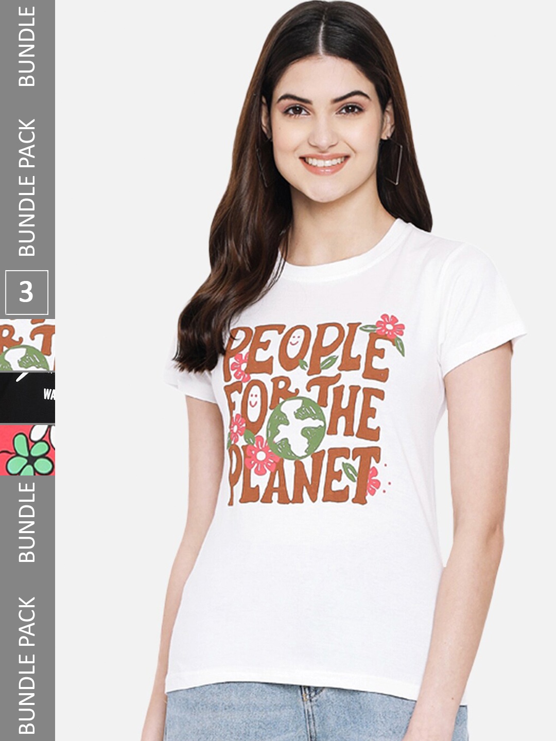 

Fabflee Pack Of 3 Typography Printed Cotton T-shirt, White