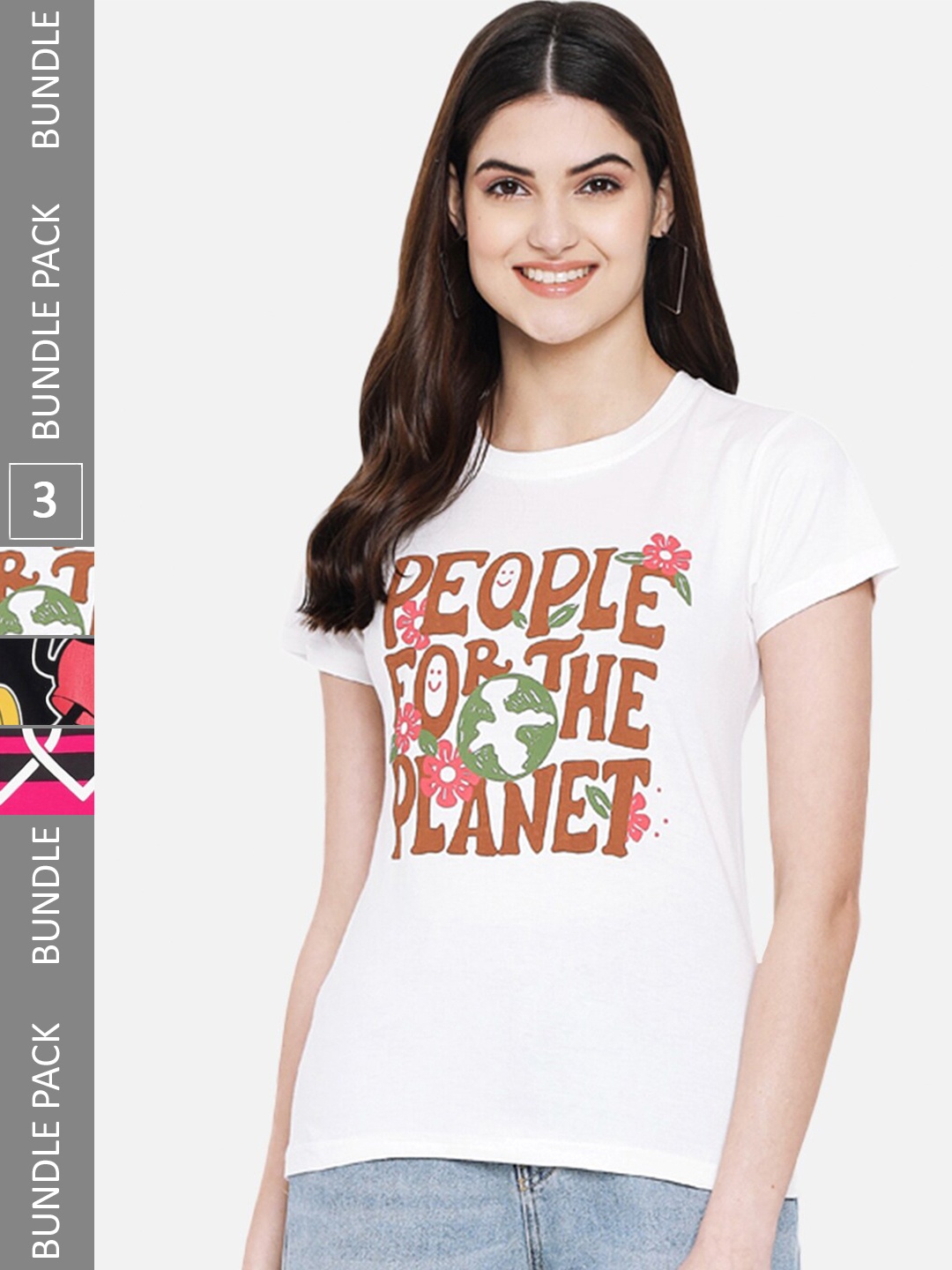 

Fabflee Pack Of 3 Typography Printed Cotton T-shirt, White