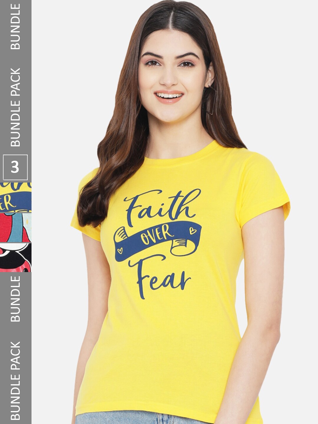 

Fabflee Pack of 3 Typography Printed Cotton T-shirt, Yellow