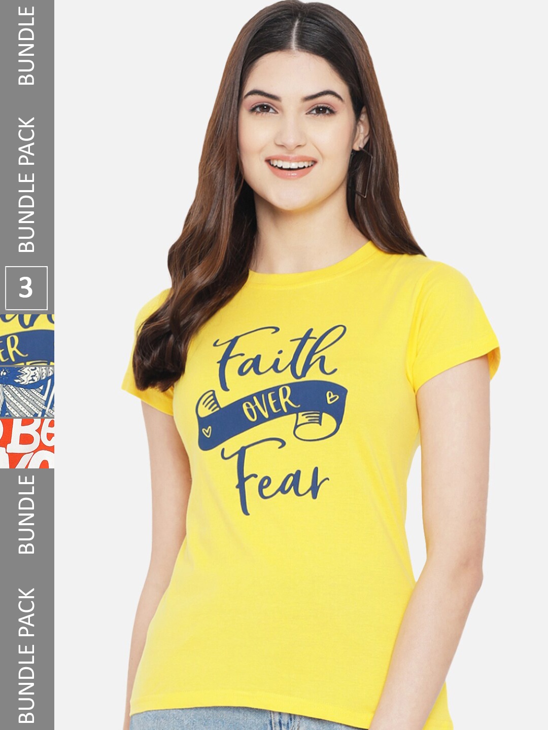 

Fabflee Pack Of 3 Typography Printed Cotton T-shirt, Yellow