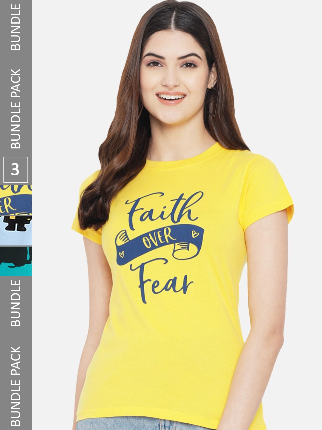 Fabflee Pack of 3 Typography Printed Cotton T-shirt, Yellow