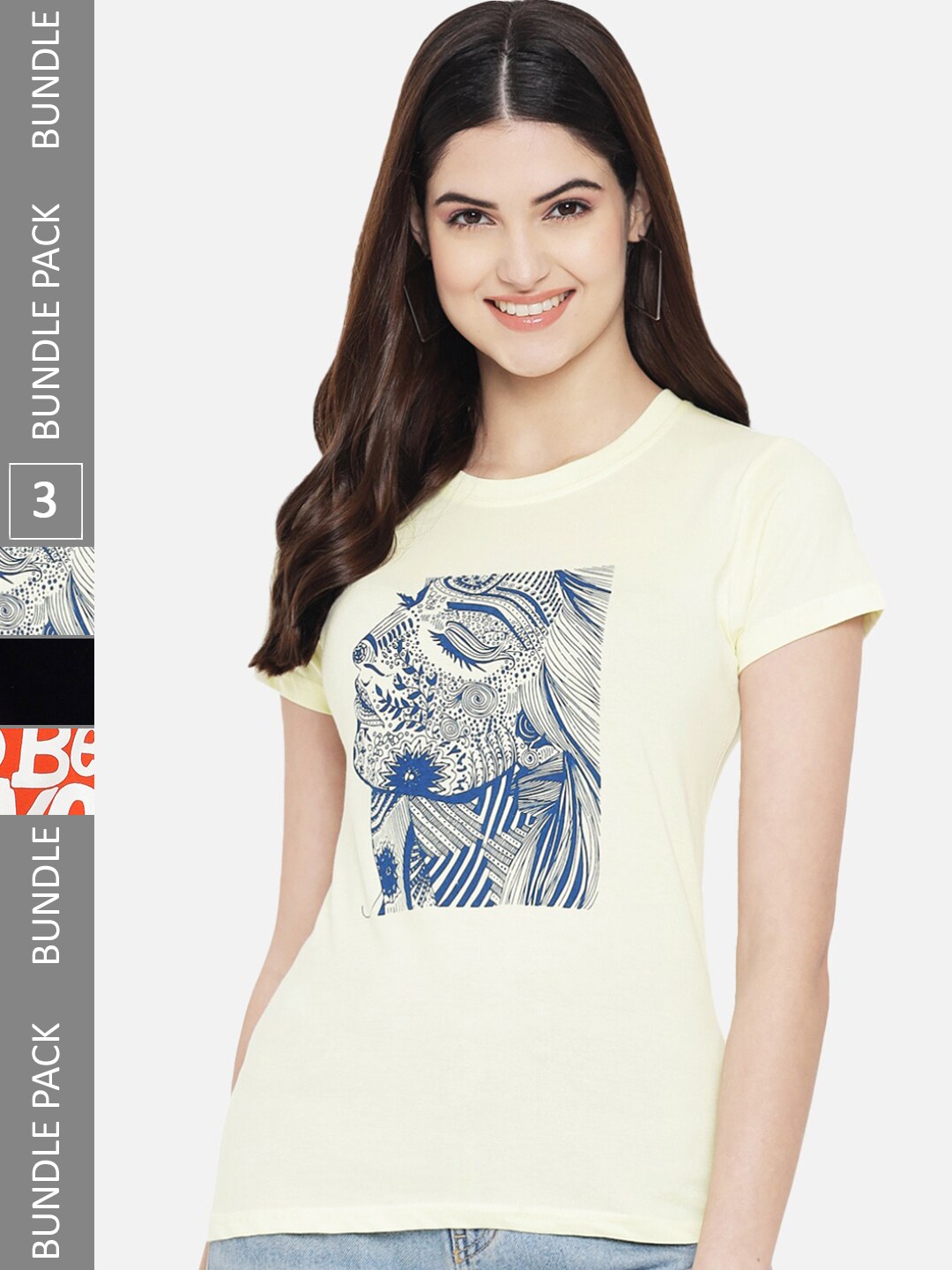 

Fabflee Pack Of 3 Printed Cotton T-shirts, Yellow
