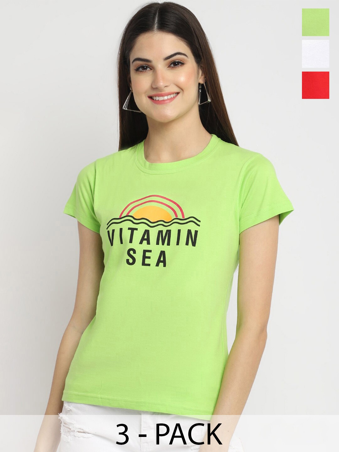 Fabflee Pack of 3 Typography Printed Cotton T-shirt, Green