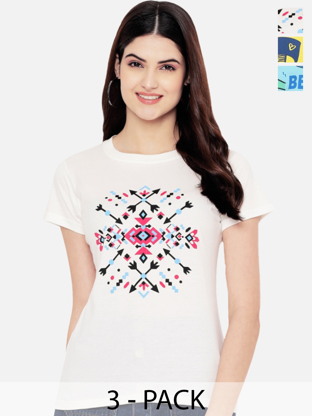 

Fabflee Pack of 3 Printed Cotton T-shirt, White