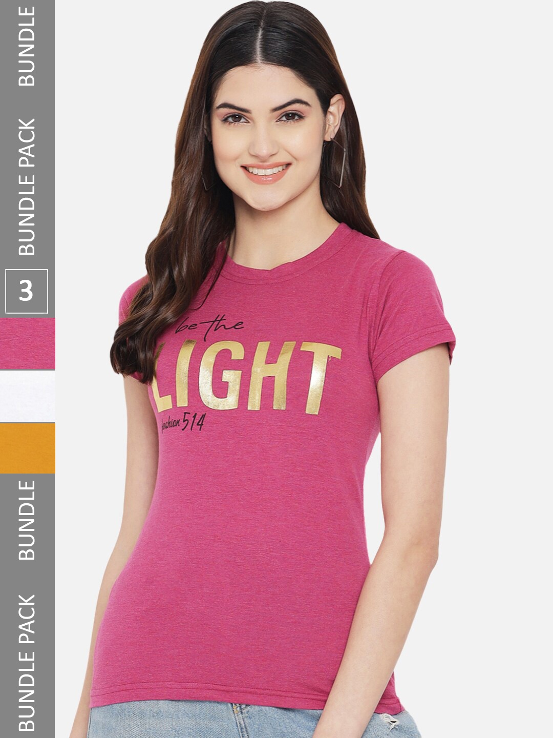 Fabflee Pack of 3 Typography Printed Cotton T-shirt, Pink