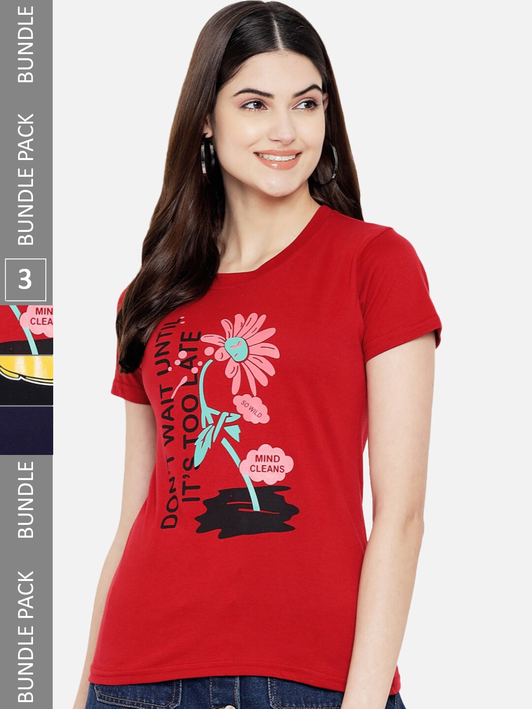 

Fabflee Pack Of 3 Typography Printed Cotton T-shirts, Red
