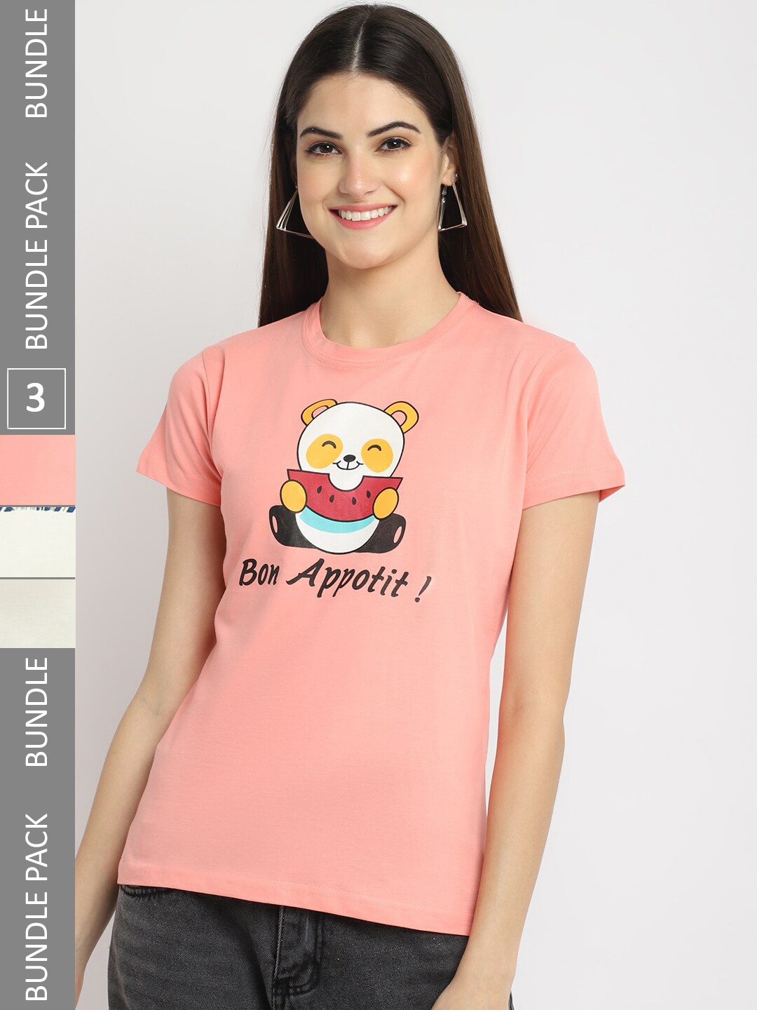 

Fabflee Pack Of 3 Typography Printed Cotton T-shirt, Peach