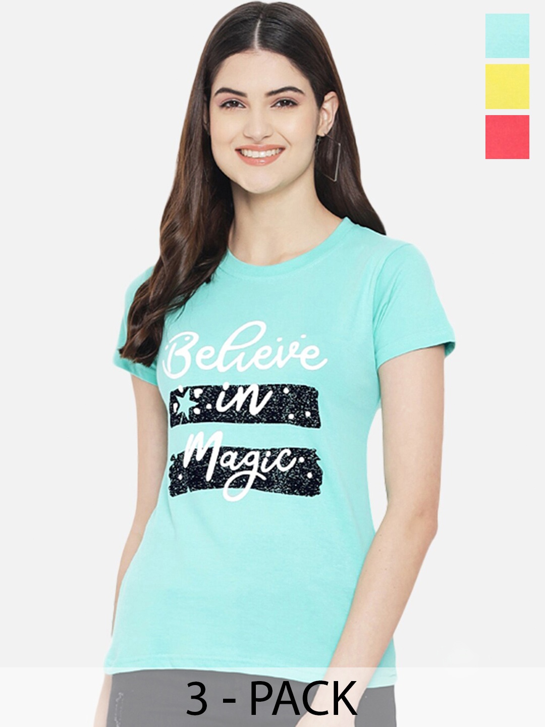 

Fabflee Pack Of 3 Typography Printed Cotton T-shirt, Blue