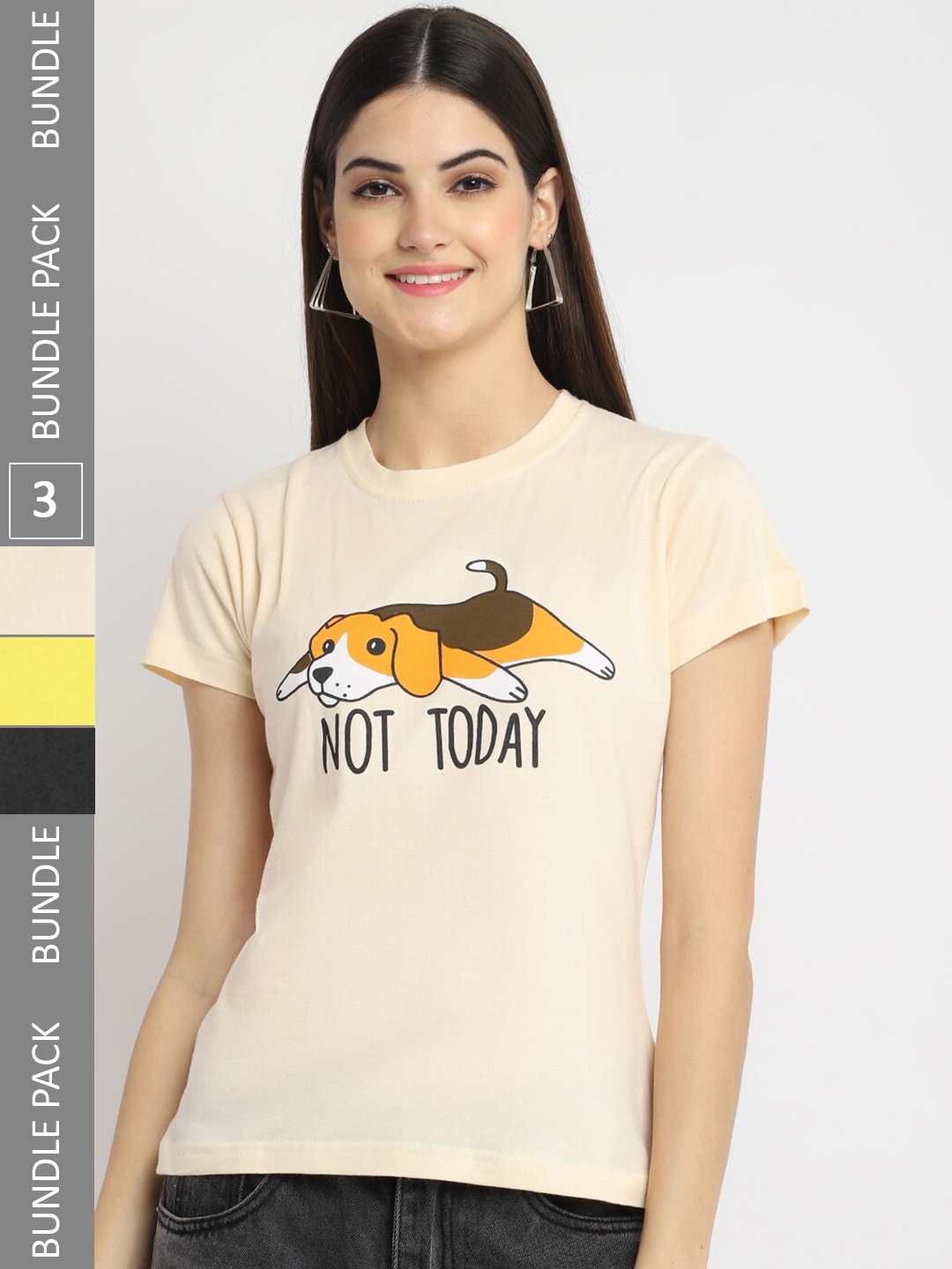 Fabflee Pack of 3 Typography Printed Cotton T-shirts, Beige