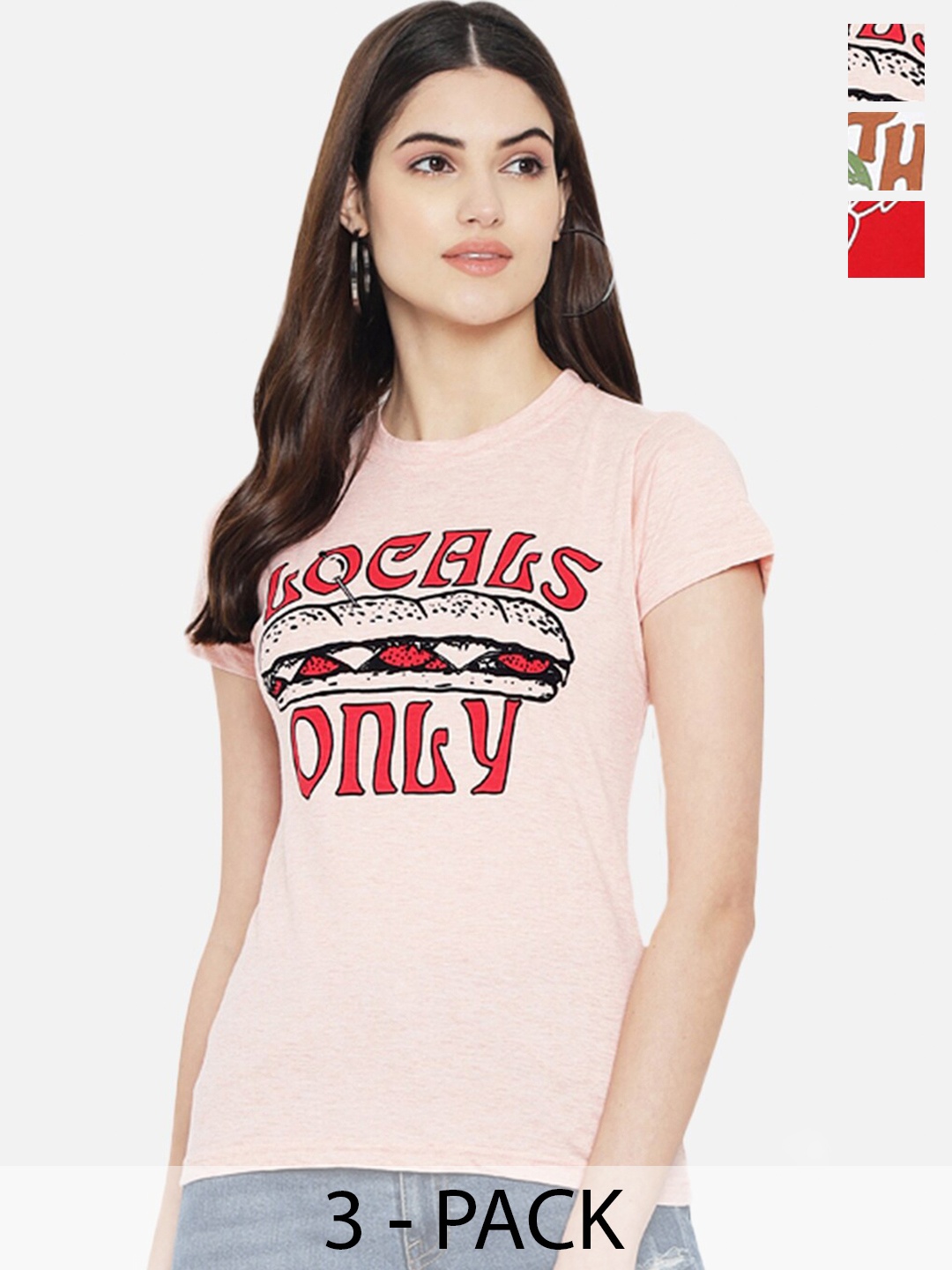 

Fabflee Pack of 3 Typography Printed Cotton T-shirts, Pink