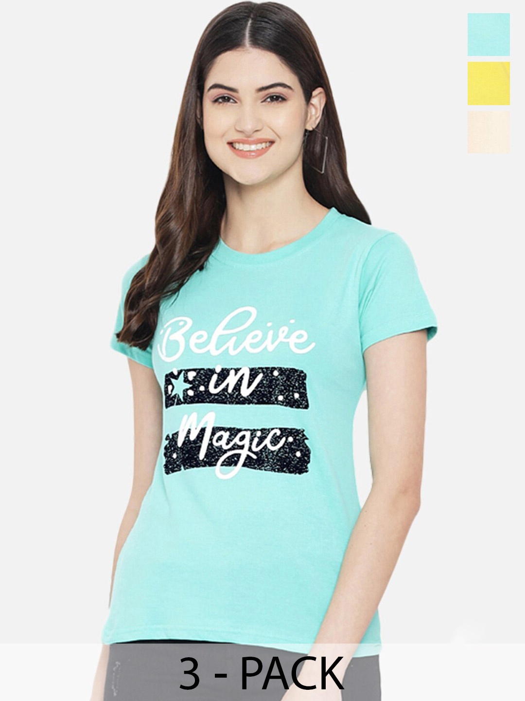 Fabflee Pack Of 3 Typography Printed Cotton T-shirt, Blue