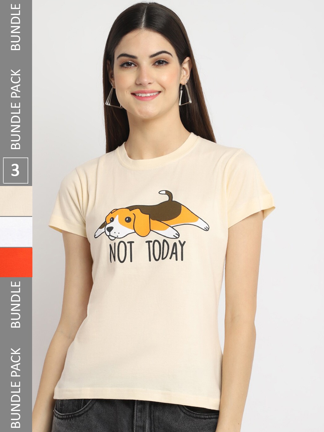 

Fabflee Pack Of 3 Typography Printed Cotton T-shirt, Beige