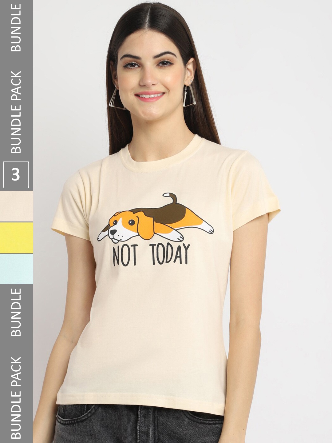 Fabflee Pack Of 3 Printed Cotton Casual T-shirt, Cream
