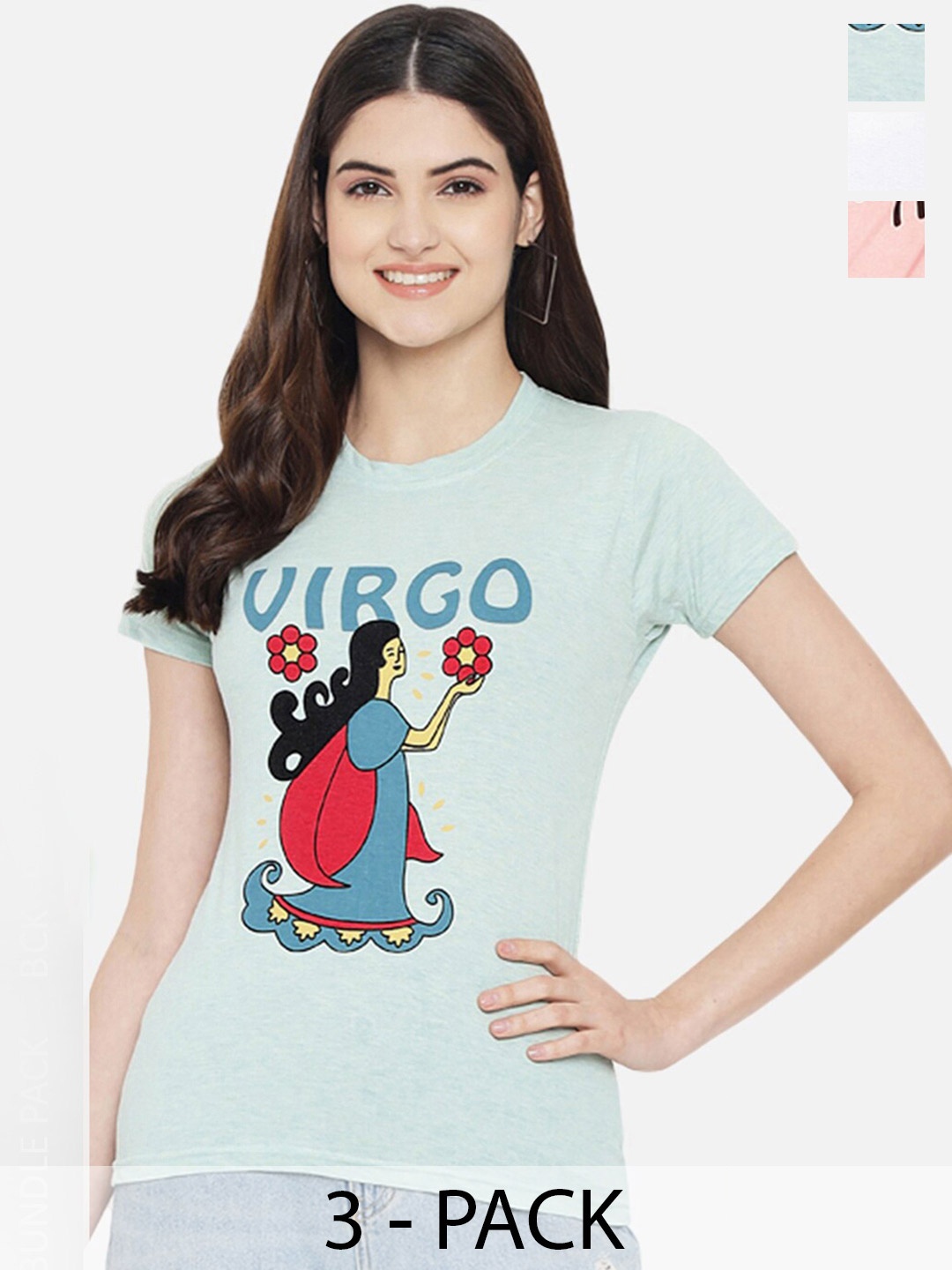 

Fabflee Pack Of 3 Typography Printed Cotton T-shirt, Turquoise blue