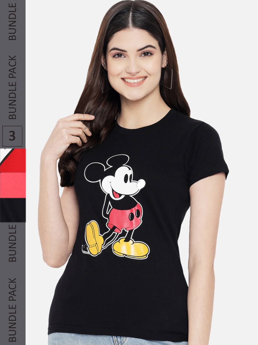 

Fabflee Pack Of 3 Mickey Mouse Graphic Printed Cotton T-shirt, Black